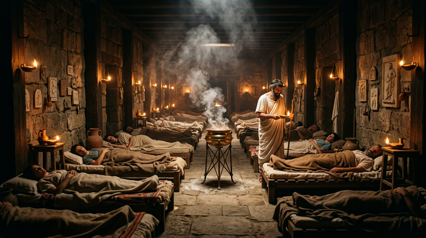 Patients resting on beds in an ancient healing temple with a caretaker holding a lamp