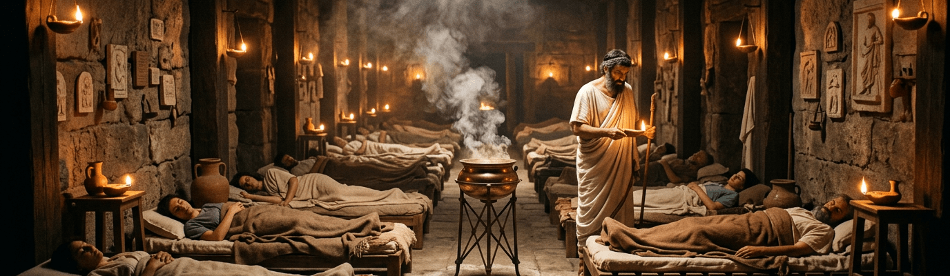 Patients resting on beds in an ancient healing temple with a caretaker holding a lamp