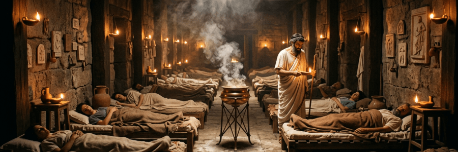 Patients resting on beds in an ancient healing temple with a caretaker holding a lamp