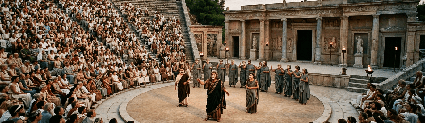Actors in ancient costumes performing in a large outdoor stone amphitheater surrounded by seated audience
