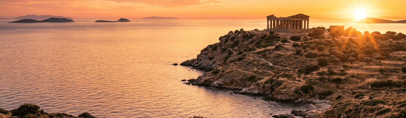 Ancient Greek temple overlooking a rocky coast, harbor, and blue sea