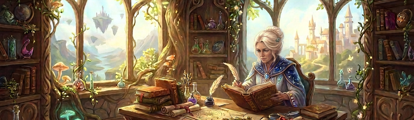 Elderly scholar reading an ancient book in a magical tree library