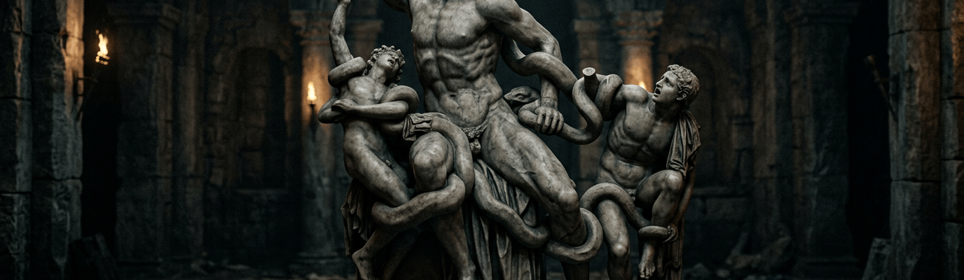 Laocoön-inspired sculpture with three figures and serpents in ancient ruins