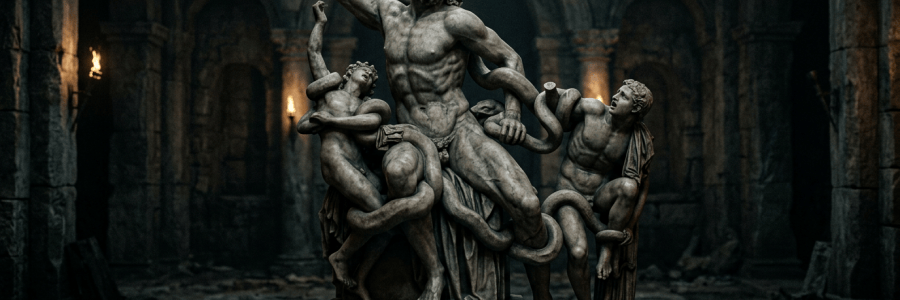Laocoön-inspired sculpture with three figures and serpents in ancient ruins