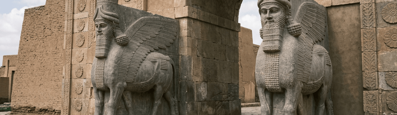 Two winged lamassu statues flanking an ancient stone arch