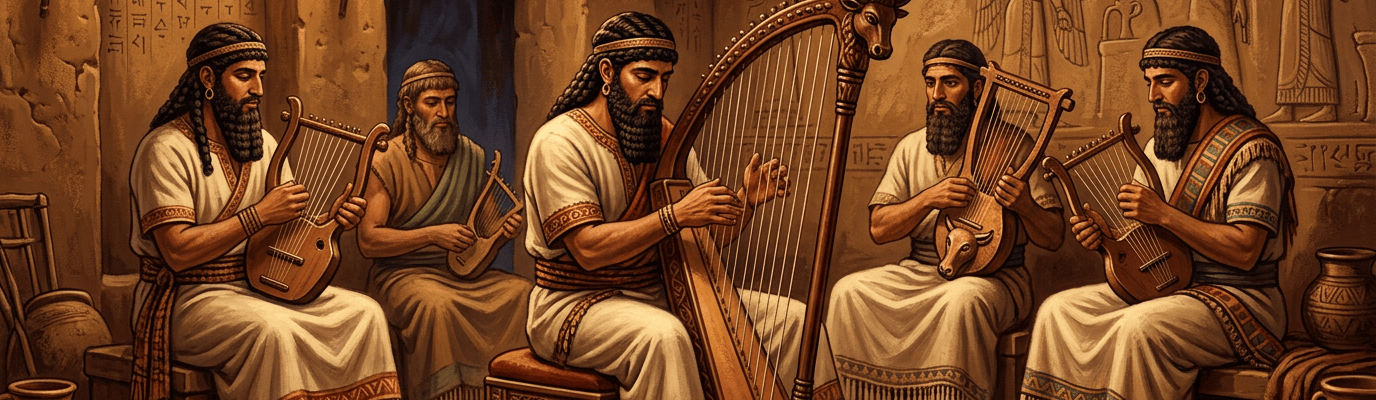 Five ancient Mesopotamian musicians playing lyres and a bull-headed harp