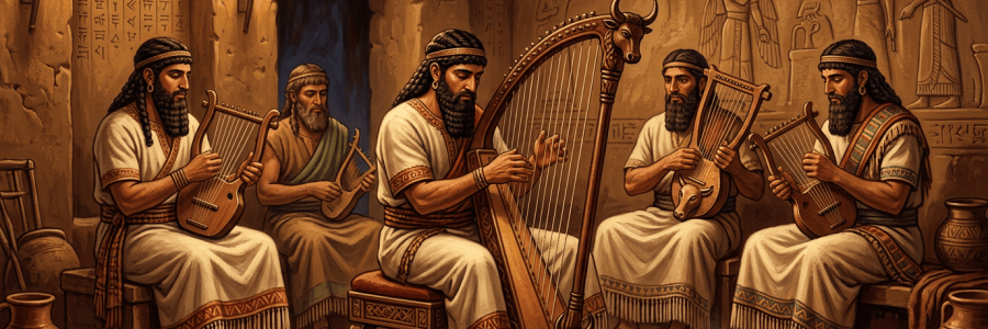 Five ancient Mesopotamian musicians playing lyres and a bull-headed harp